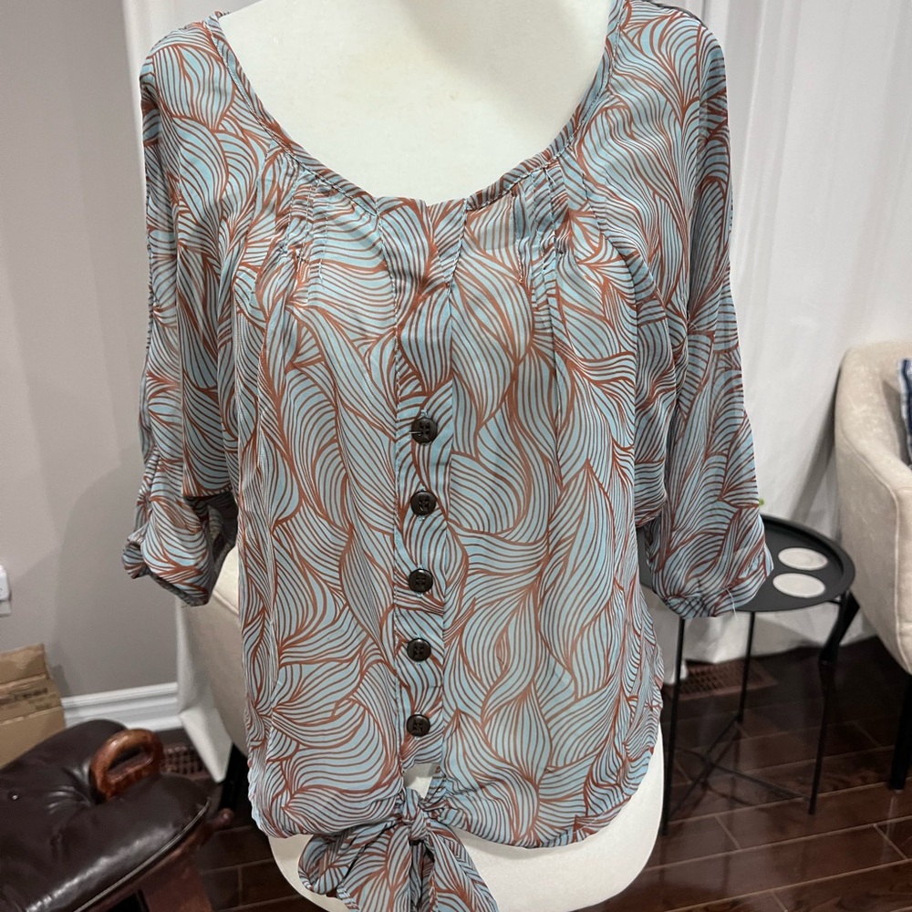 Women's Blue and Brown Button-Down Top